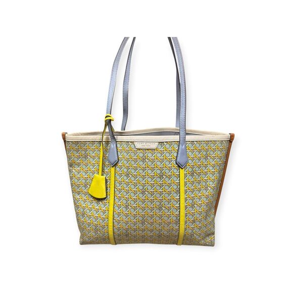 Tory Burch New Triple Compartment Perry Tote Review - YouTube Tory Burch Blue Cane Caning Basket Weave Tote Bag Perry Triple Compartment